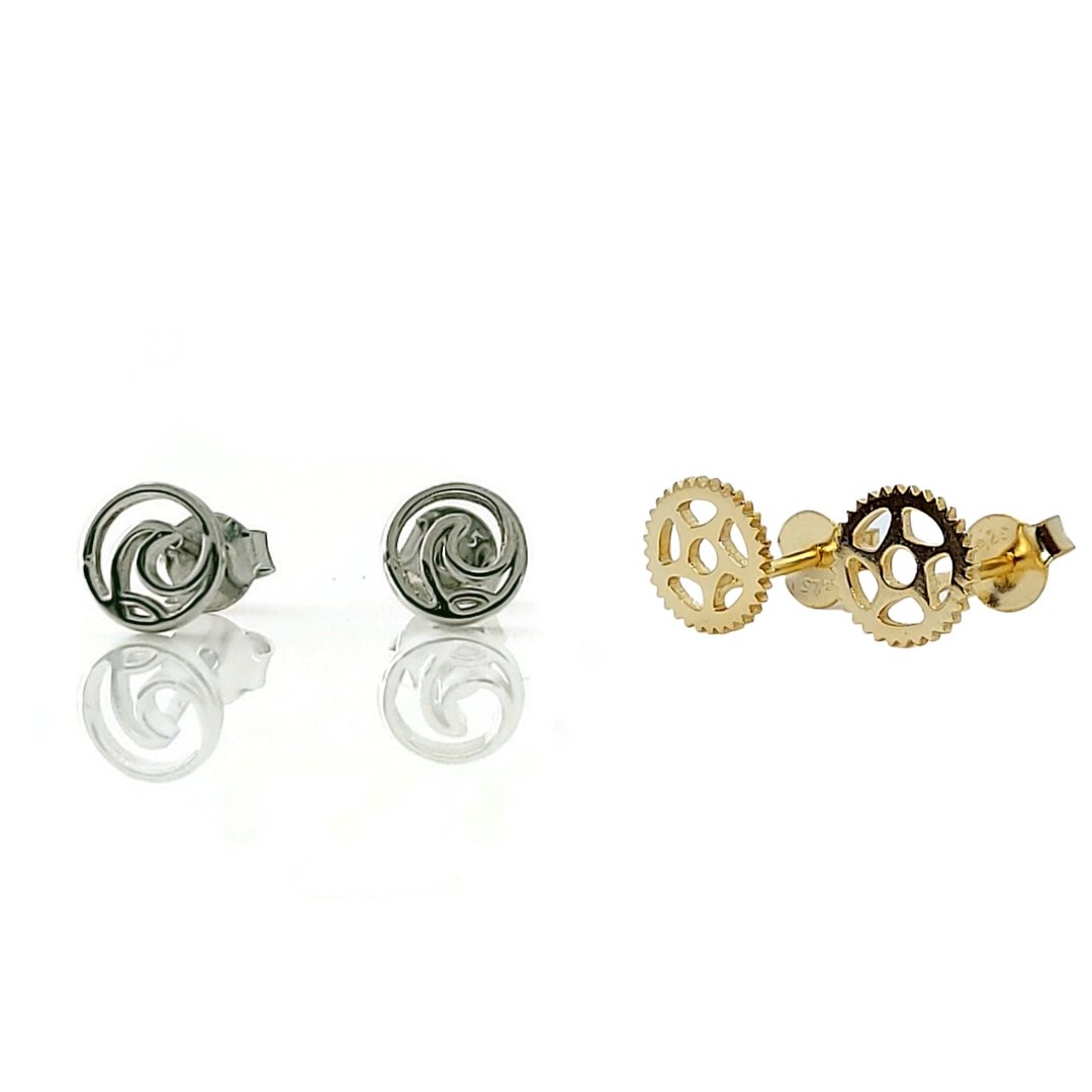 silver Tofino surf stud earrings with gold Maeve bike cogs, chain ring stud earrings, earring studs, post earrings