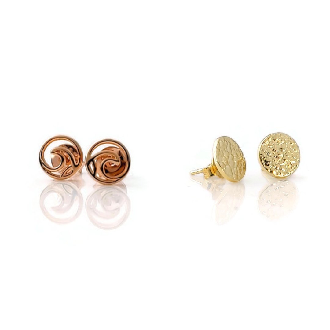 rose gold surf wave and gold sol textured circle stud earrings, earring studs, post earrings