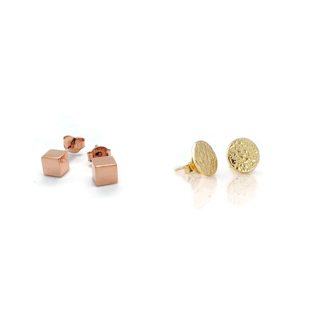 rose gold cube stud earrings. Gold Sol textures circle stud earring, earring studs, post earrings