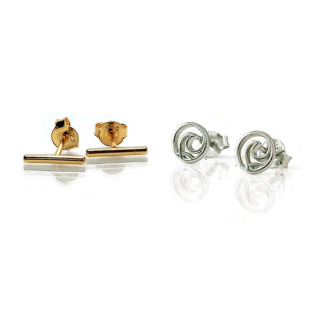 gold stick studs. silver surf wave circle stud earrings, earring studs, post earrings