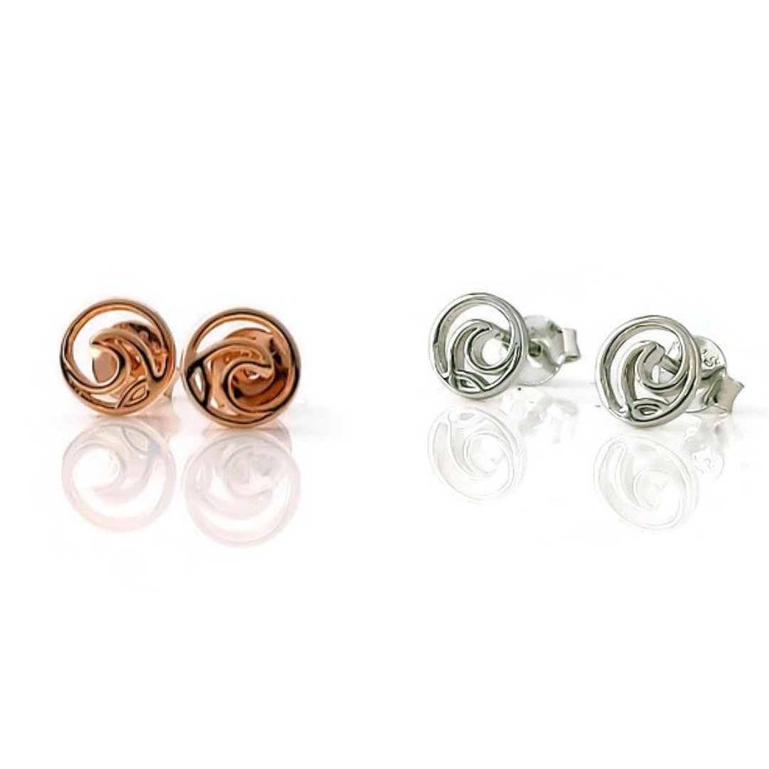 2 pairs of Tofino circle surf wave stud earrings in silver and rose gold, earring studs, post earrings