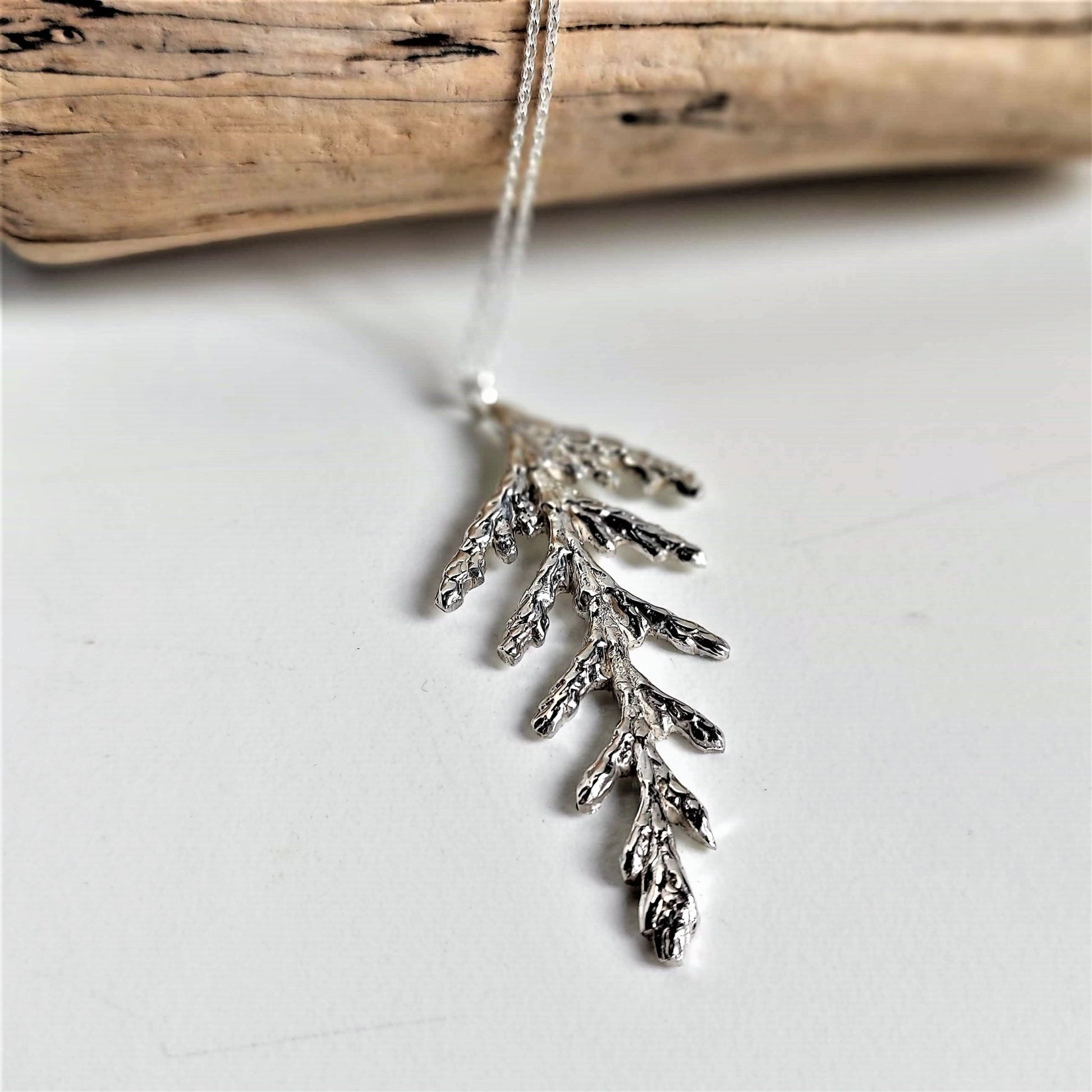 sterling silver cast from nature cedar leaf necklace on silver necklace chain