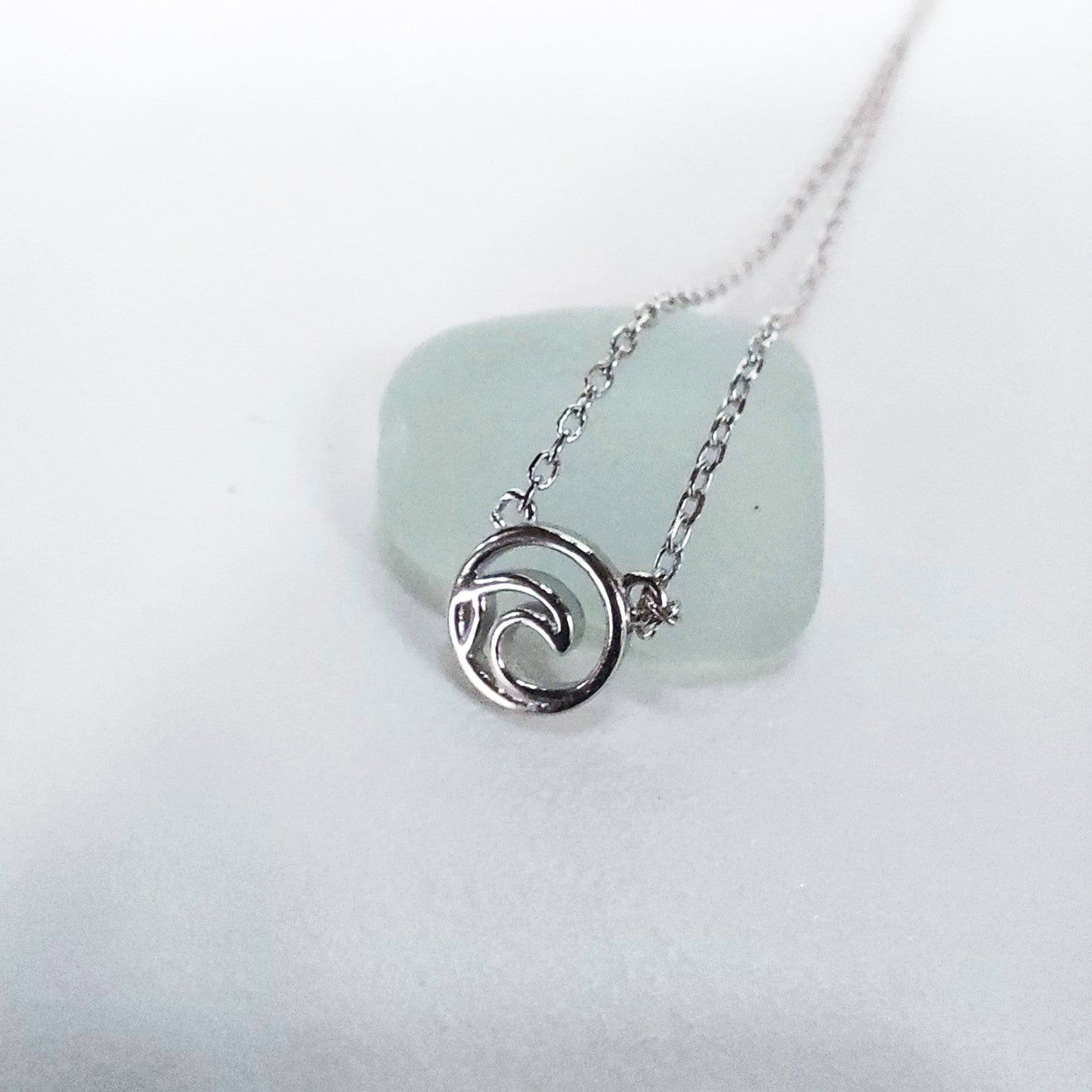 925 Sterling Silver Tofino Adjustable small circle charm surf wave Necklace with beach glass and white background-1