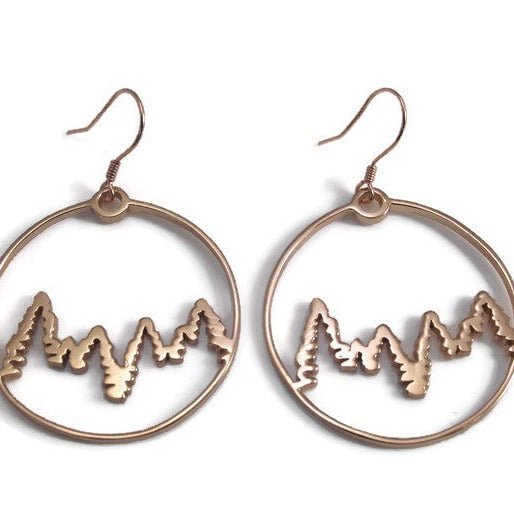 Yellow gold mountain bike inspired dangle earrings are a mountain scape inside a chain earring.