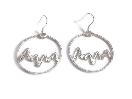 Sterling silver mountain bike inspired dangle earrings are a mountain scape inside a chain earring.