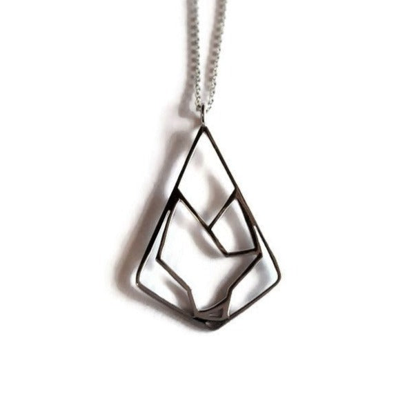925 sterling silver minimalist diamond shaped wolf pendant necklace on white background
